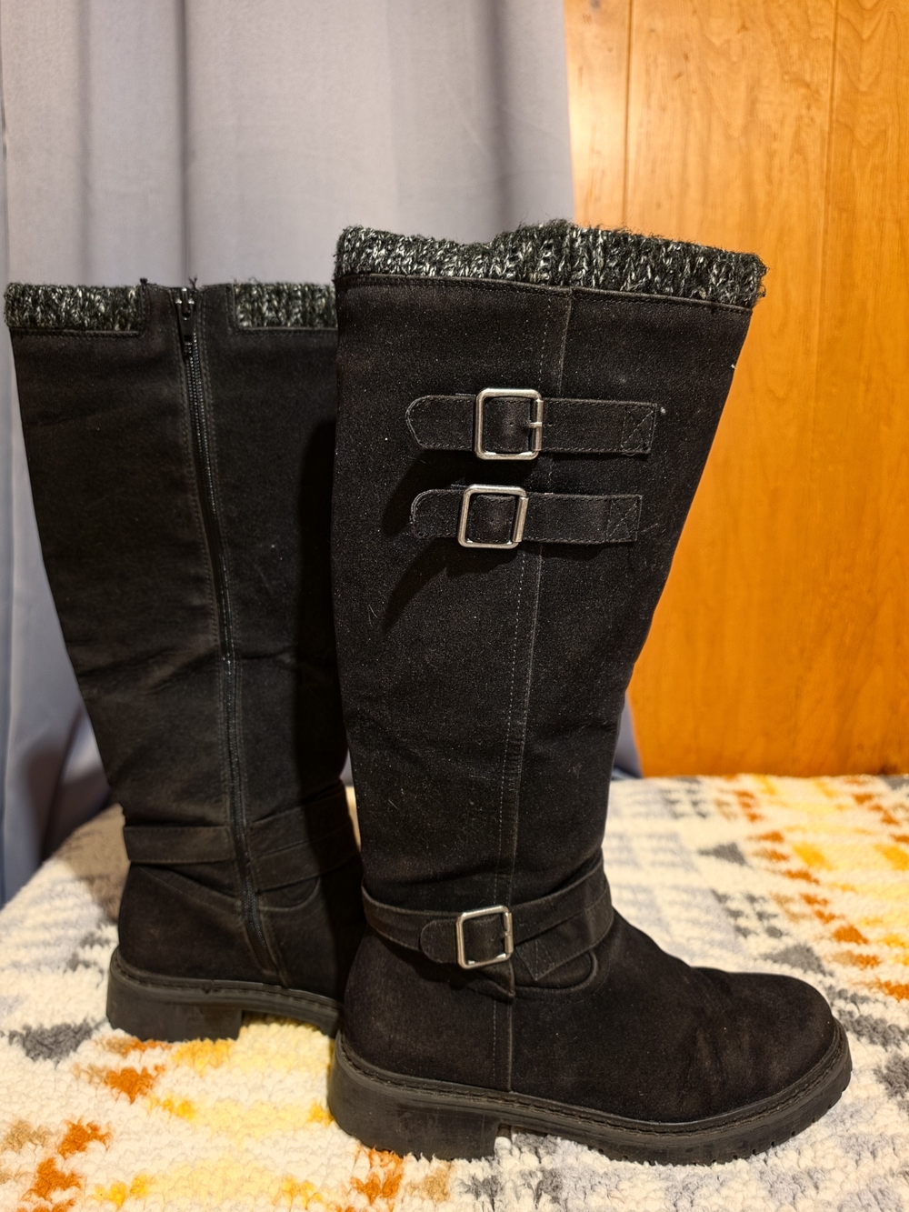 Just Fab Women's Black Faux Suede Knee-High Buckle Boots